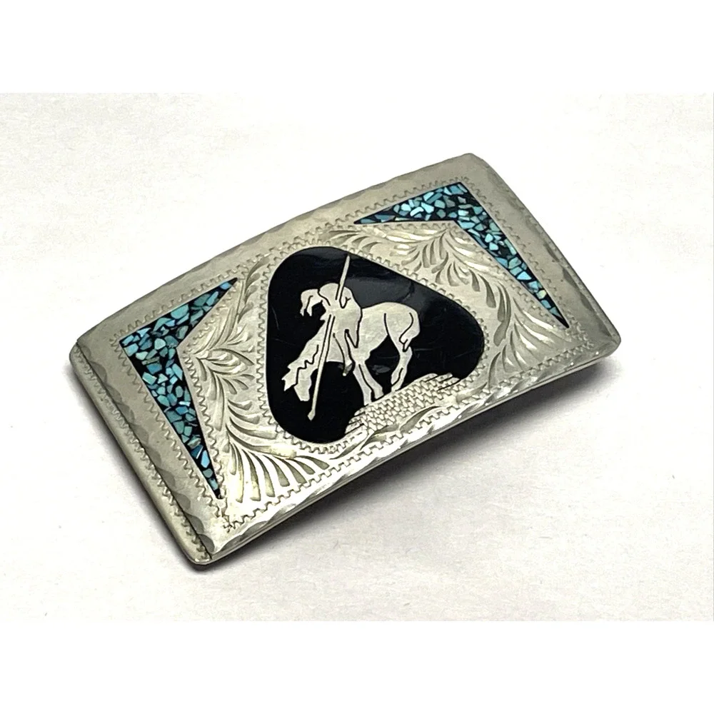 Indian On Horse End Of Trail Belt Buckle DT Handcrafted Turquoise Inlay 99g